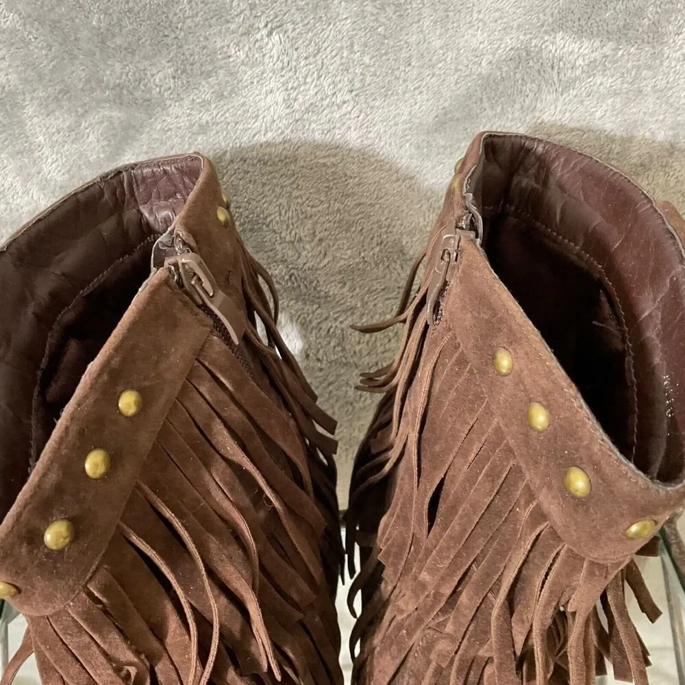 Corky's KATO Ankle Boots Women's size 7 Brown Faux Suede Fringe Studded Bootie